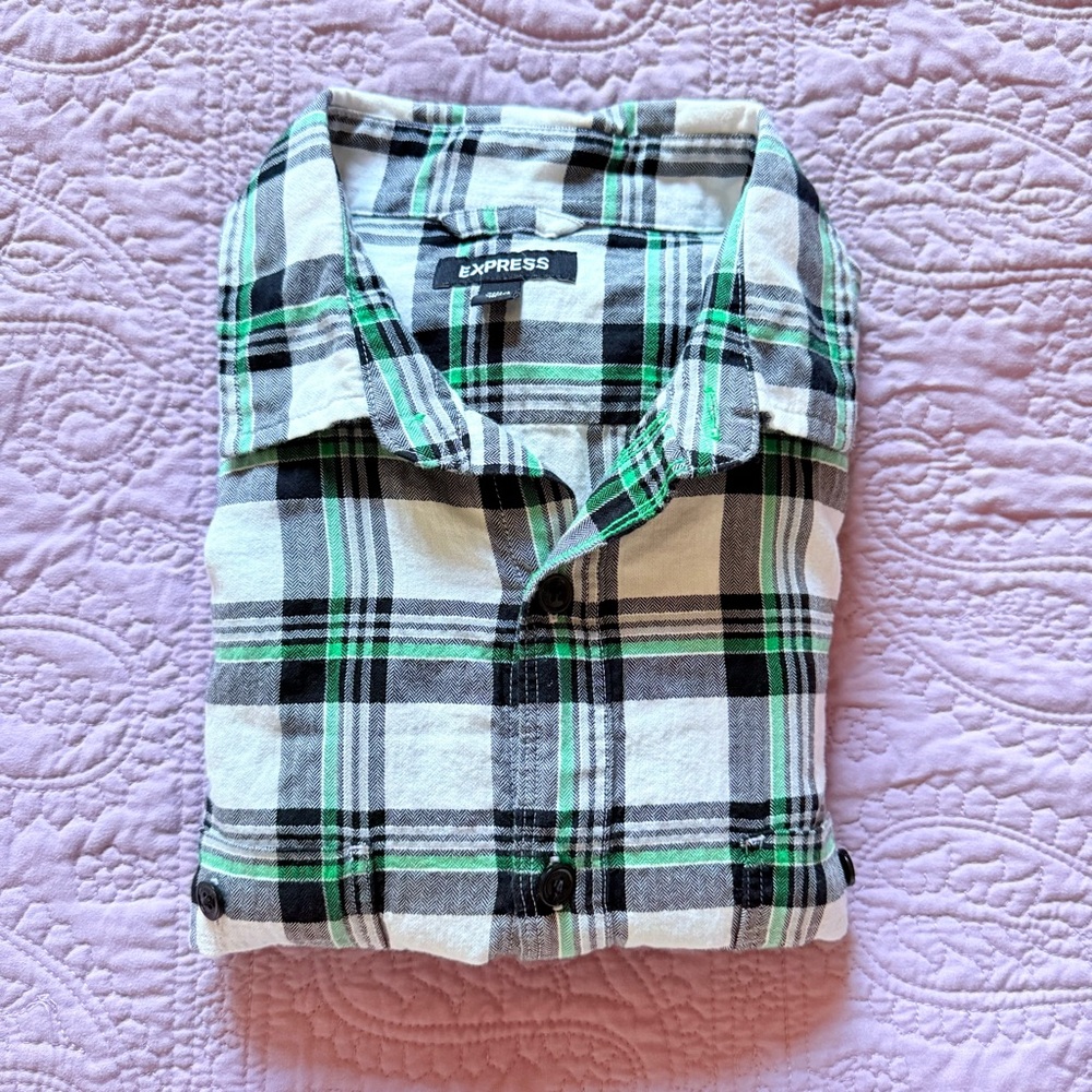 Express Black and Green Plaid Casual Shirt